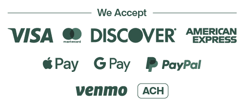 We accept credit cards, Apple Pay, Google Pay, Paypal, Venmo, and ACH